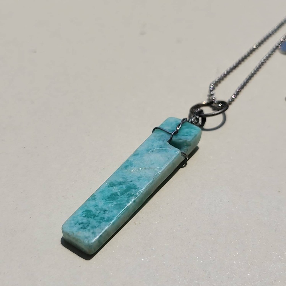 Amazonite Stone Rectangle Bar Pendant Necklace OS Blue Green Wire Wrapped Boho